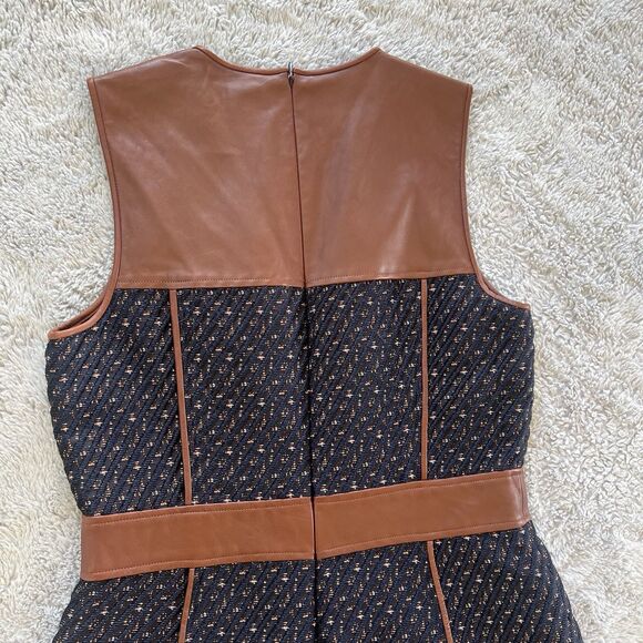 Theory CalvinoDress Sleeveless Mix Media Lamb Leather Tweed Navy Brown Size 10 - Picture 7 of 10
